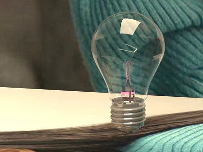 Transparent Light Bulb Placed On Open Book With Teal Knitted Background And Soft Texture 3d model