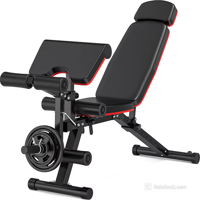 Adjustable Black Red Weight Bench With Barbell Rack And Weight Plates For Home Gym 3d model 