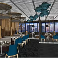Elegant Restaurant Interior With Teal Chairs Wooden Walls Hanging Decorations And Large Windows