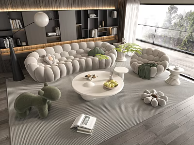 Modern Plush Sofa And Round Coffee Table Set With Potted Plant And Decorative Items 3d model