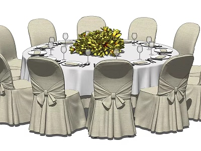 Round Dining Table Set with White Tablecloth Yellow Flower Centerpiece and Beige Bow Chairs 3d model