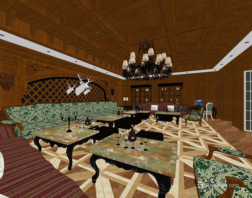 KTV Interior Design With Wooden Ceiling Chandelier Sofas Coffee Tables And Carpet 3d model 