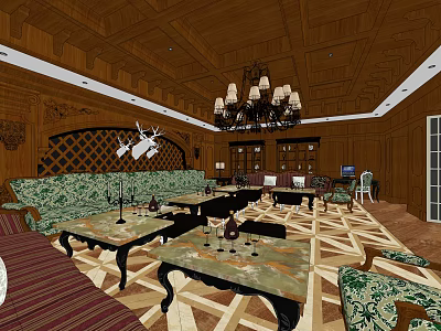 KTV Interior Design With Wooden Ceiling Chandelier Sofas Coffee Tables And Carpet 3d model