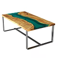 Modern Coffee Table with Wooden Tabletop and Turquoise Resin Inlay Stainless Steel Legs Contemporary Design