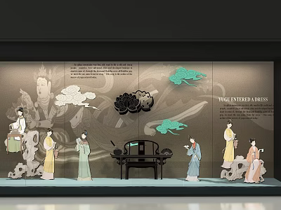 Traditional Ancient Style Wall Art With Female Figures Cloud Patterns And Lotus Motifs 3d model