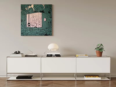 Green Wall Art With White TV Stand Glass Top White Spherical Lamp Potted Plant Books 3d model