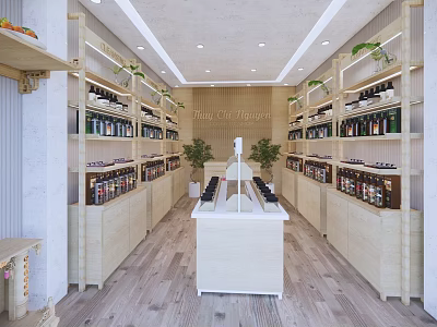 Minimalist Coffee Room Interior Featuring Wooden Shelves Bottled Products Green Plants And White Counter 3d model