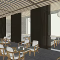 Japanese Restaurant Interior With Cherry Blossom Tree Wooden Tables Chairs And Lantern