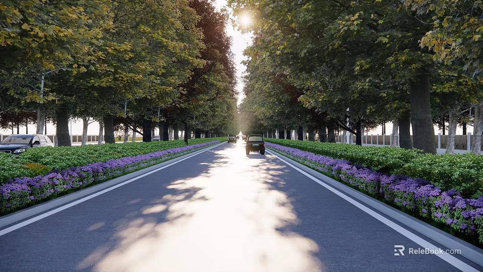 Scenic Municipal Road With Lush Trees Purple Flowers Driving Car And Sunlight Shadows 3d model 