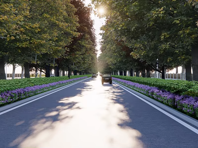 Scenic Municipal Road With Lush Trees Purple Flowers Driving Car And Sunlight Shadows 3d model