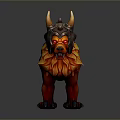 Mythical Creature Character with Horned Helmet Orange Fur and Red Eyes in Ferocious Stance