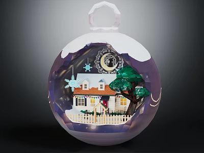 Christmas Decorative Ornament Ball With Small House Tree Snowflakes Moon And White Fence 3d model