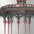 Ornate Copper Colored Gazebo With Intricate Top Structure And Green Decorative Columns