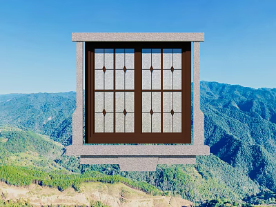 Carved Window with Stone Frame Against Blue Sky and Green Mountain Landscape 3d model