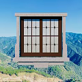 Carved Window with Stone Frame Against Blue Sky and Green Mountain Landscape
