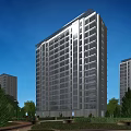 Modern High Rise Residential Building With Glass Windows Green Trees And Blue Sky