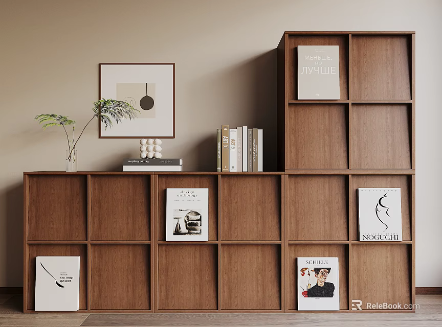 Modern Wooden Bookshelf With Cube Shelves Books Magazines And Art Prints 3d model 