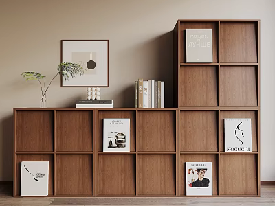 Modern Wooden Bookshelf With Cube Shelves Books Magazines And Art Prints 3d model