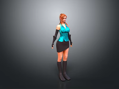 Woman with red hair wearing blue sleeveless top black short skirt and black long gloves 3d model
