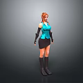 Woman with red hair wearing blue sleeveless top black short skirt and black long gloves