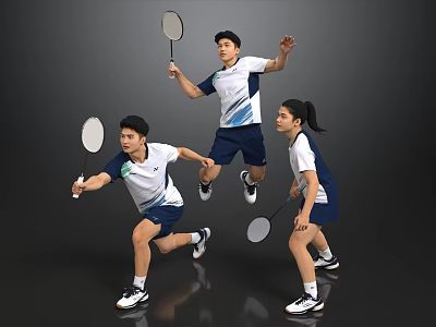 Group of Badminton Players in Sportswear with Rackets Performing Dynamic Moves 3d model