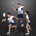 Group of Badminton Players in Sportswear with Rackets Performing Dynamic Moves