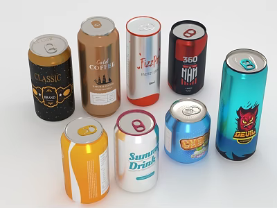 Assorted Canned Drinks Collection With Different Brands And Colorful Designs 3d model