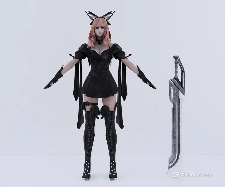 Game Character With Pink Hair Demon Horns Black Outfit Thigh High Boots And Large Sword 3d model 