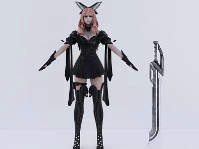 Game Character With Pink Hair Demon Horns Black Outfit Thigh High Boots And Large Sword 3d model