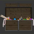 Wooden Storage Chest Filled With Colorful Gemstones Pearl Necklaces And Gold Coins