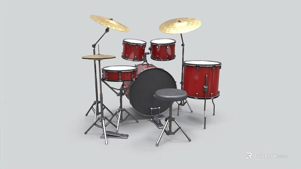 Red Musical Instrument Drum Set With Drums Cymbals And Stool On Stand 3d model 