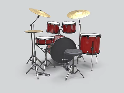 Red Musical Instrument Drum Set With Drums Cymbals And Stool On Stand 3d model