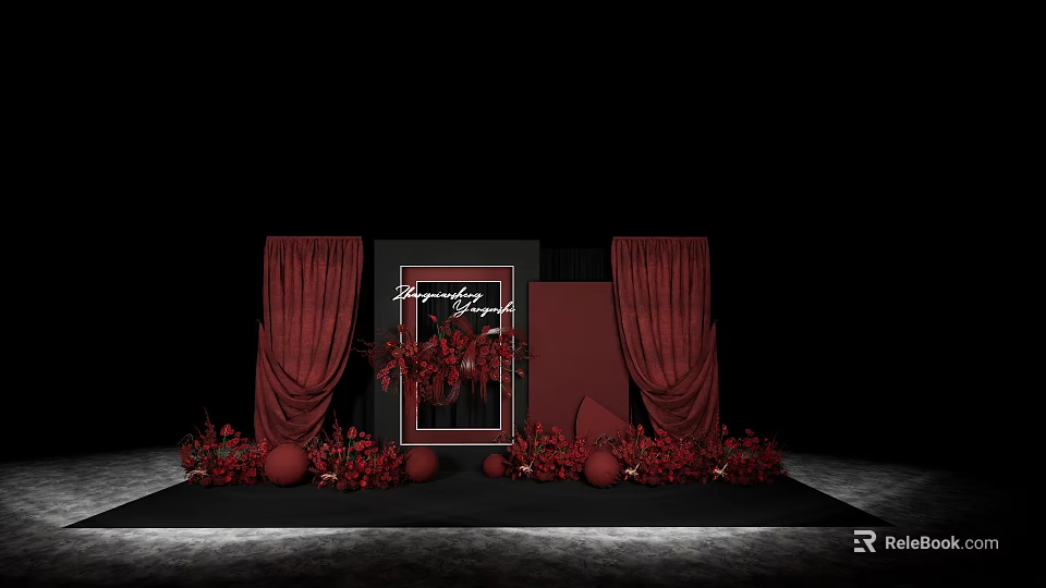 Elegant Red And Black Decorative Scene With Curtains Frame Floral Arrangements And Spheres 3d model 