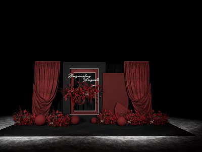 Elegant Red And Black Decorative Scene With Curtains Frame Floral Arrangements And Spheres 3d model