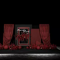 Elegant Red And Black Decorative Scene With Curtains Frame Floral Arrangements And Spheres