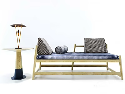 Modern Chaise Lounge With Wooden Frame Navy Blue Cushion Patterned Pillows And Side Table Lamp 3d model