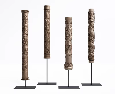 Ornate Carved Columns With Intricate Dragon And Spiral Patterns On Black Base Stands 3d model