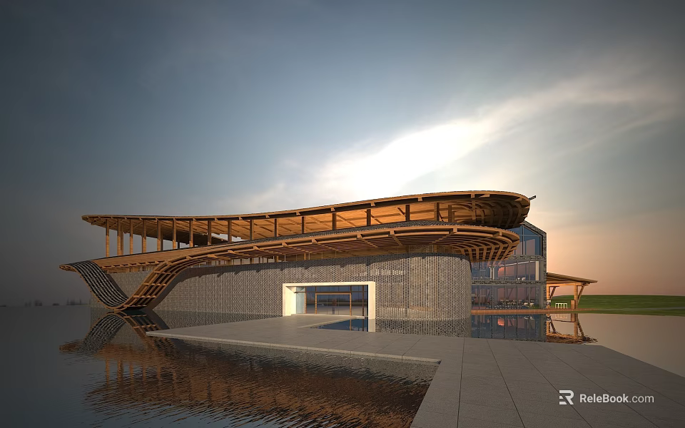 Modern Visitor Center Architecture With Wooden Roof Stone Walls And Water Reflection 3d model 