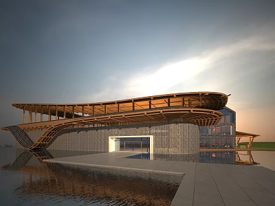 Modern Visitor Center Architecture With Wooden Roof Stone Walls And Water Reflection 3d model
