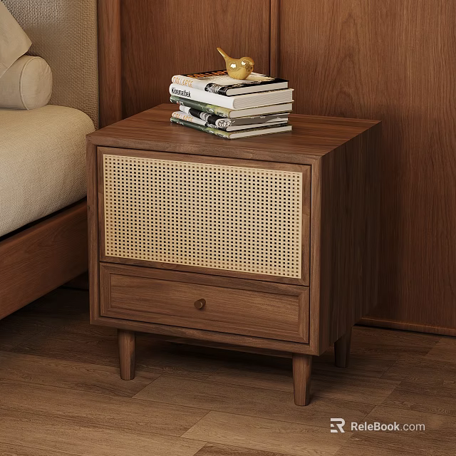 Wooden Nightstand With Rattan Panel And Stacked Books In Bedroom Setting 3d model 