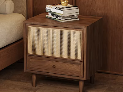 Wooden Nightstand With Rattan Panel And Stacked Books In Bedroom Setting 3d model