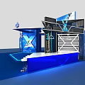 Modern Blue Exhibition Booth Design With Staircase Platform And Lighting Elements 3d model