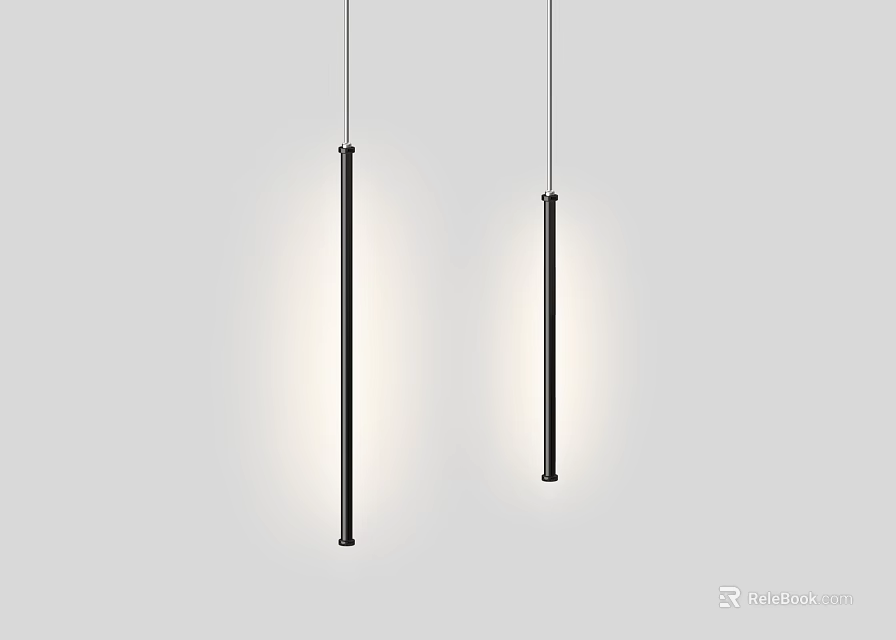 Two Black Elongated Pendant Lights Hanging In Gray Interior With Soft Lighting 3d model 