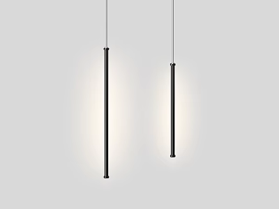Two Black Elongated Pendant Lights Hanging In Gray Interior With Soft Lighting 3d model
