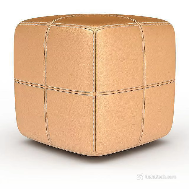 Upholstered Tan Cube Ottoman With Stitched Leather Surface For Home Decor 3d model 