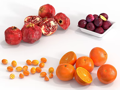 Assorted Fresh Fruits with Whole Sliced Pomegranates Plums Oranges and Scattered Kumquats 3d model
