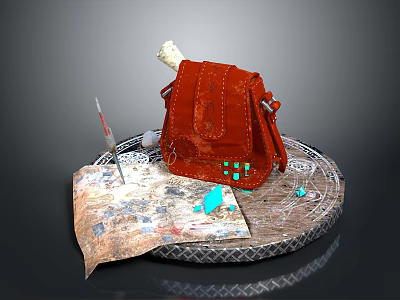 Vintage Exploration Setup With Red Leather Bag Old Map Compass Turquoise Stones And Silver Tray 3d model