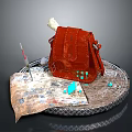 Vintage Exploration Setup With Red Leather Bag Old Map Compass Turquoise Stones And Silver Tray