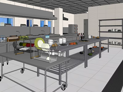Professional Commercial Kitchen With Stainless Steel Worktables Rolling Carts Storage Shelves And Utensils 3d model