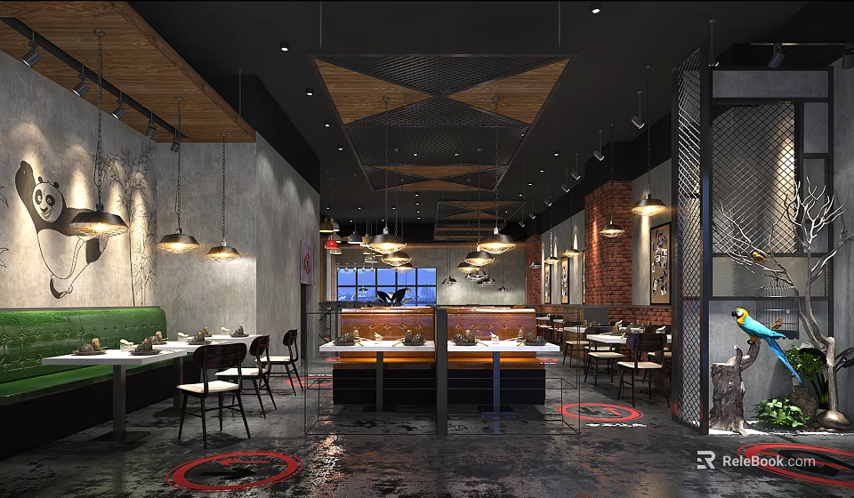 Modern Industrial Restaurant Interior Design With Open Seating Area Wooden Metal Ceiling And Hanging Lamps 3d model 